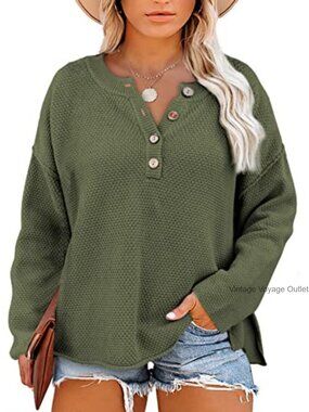 Plus Size Henley Sweater Acrylic Cotton Loose Knit Pullover